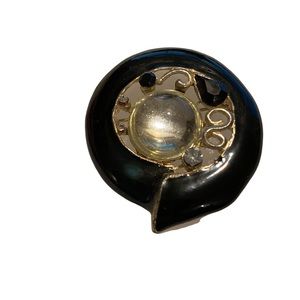 Retro Black Enamel Round Brooch Rhinestones Vintage Unsigned